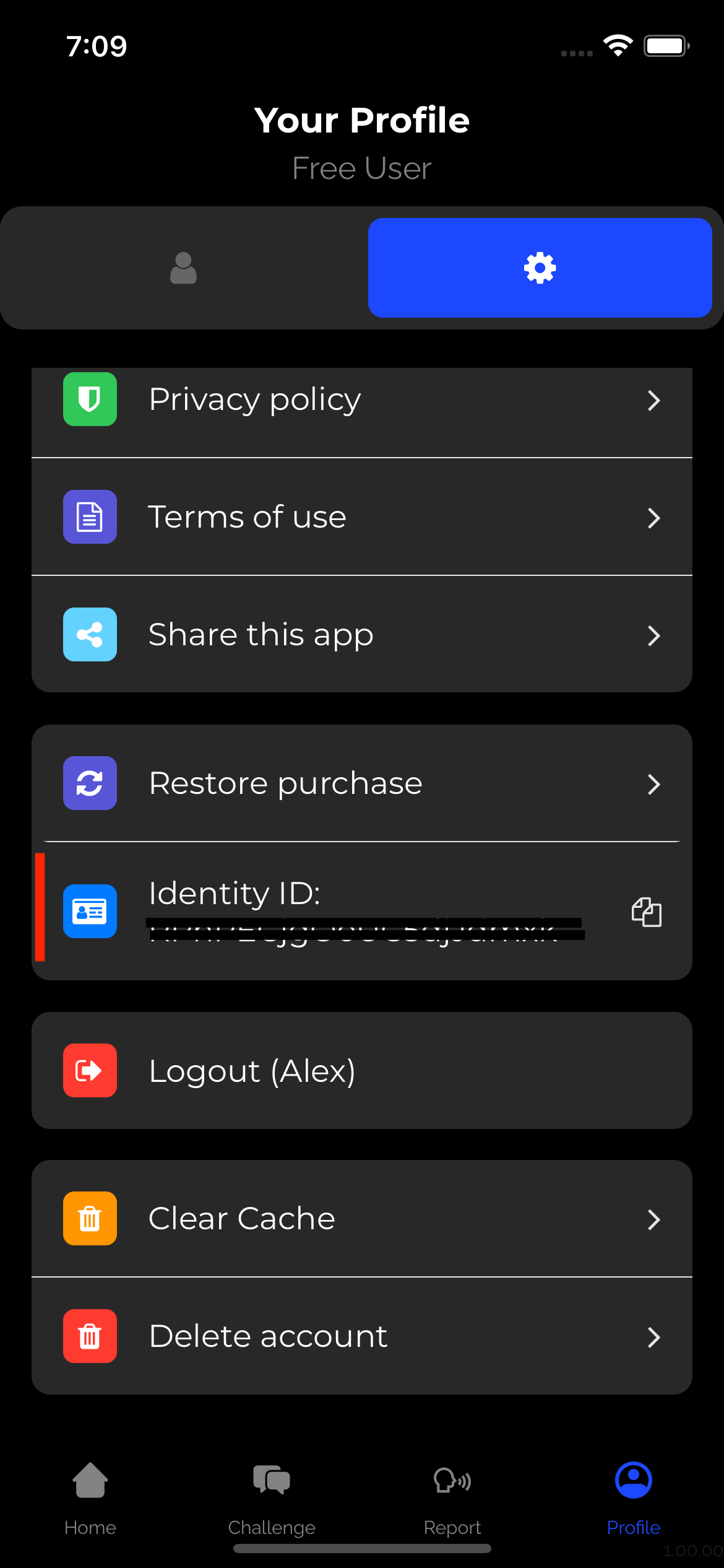 Screenshot showing how to copy Identity ID from account settings
